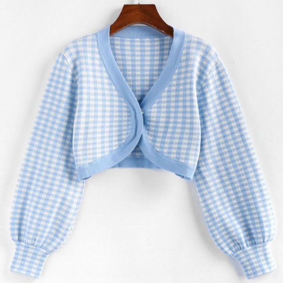 Cider Sweaters - Cider Sweater Womens Medium Plaid Cropped Academia Preppy Retro Cardigan Blue